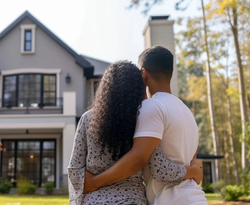 Military family in front of their new home